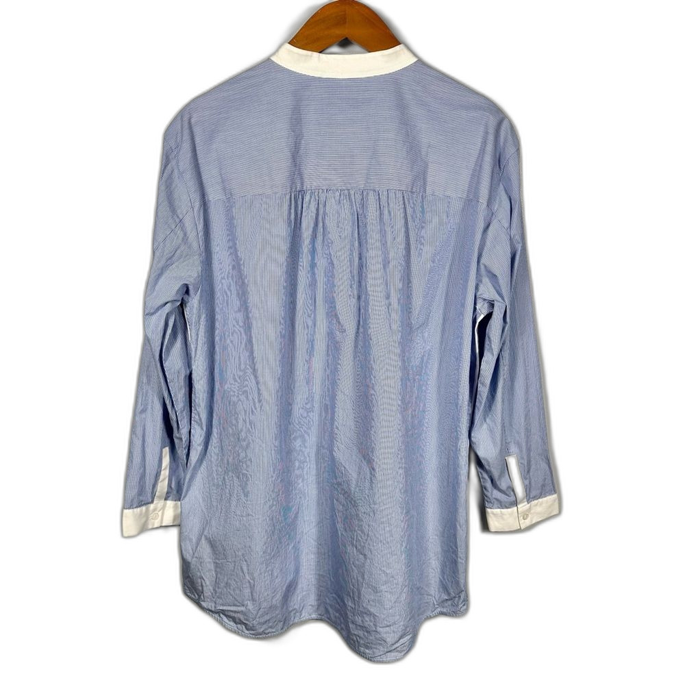 Lafayette 148 Blue White Pinstripe Chambray Colorblock Tunic Blouse Size Medium - Picture 2 of 15